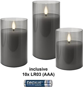 3er-Set LED-Echtwachs-Kerzen im Glas, grau-transparent, inkl. 10x AAA (LR03)