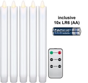 Kit de 5 Bougies LED en Cire Véritable, blanc, avec Télécommande et 10x AA (LR6)