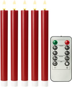 5er-Set rote LED-Echtwachs-Stabkerzen, inkl. Fernbedienung