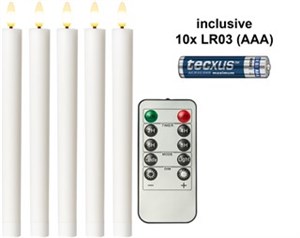 5er-Set weiße LED-Echtwachs-Stabkerzen, inkl. Fernbedienung und 10x AAA (LR03)