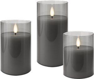 3er-Set LED-Echtwachs-Kerzen im Glas, grau-transparent