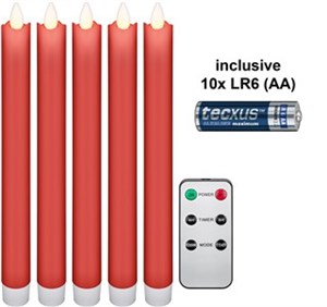 Kit de 5 Bougies LED en Cire Véritable, rouge, avec Télécommande et 10x AA (LR6)