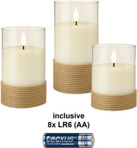 3er-Set LED-Echtwachs-Kerzen im Glas, weiß, mit Hanf umwickelt, inkl. 8x AA (LR6)
