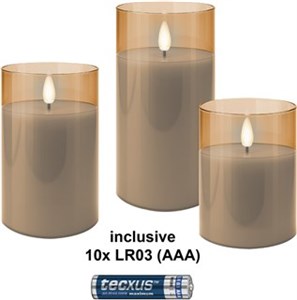 3er-Set LED-Echtwachs-Kerzen im Glas, gold-transparent, inkl. 10x AAA (LR03)