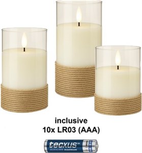 3er-Set LED-Echtwachs-Kerzen im Glas, weiß, mit Hanf umwickelt, inkl. 10x AAA (LR03)